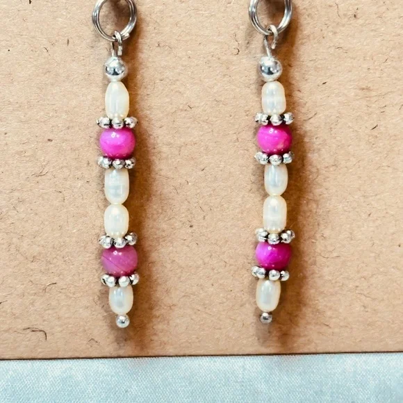 Stainless Steel Dangle Earrings Freshwater Pearls & Crackle Quartz Hand Made - Picture 4 of 11